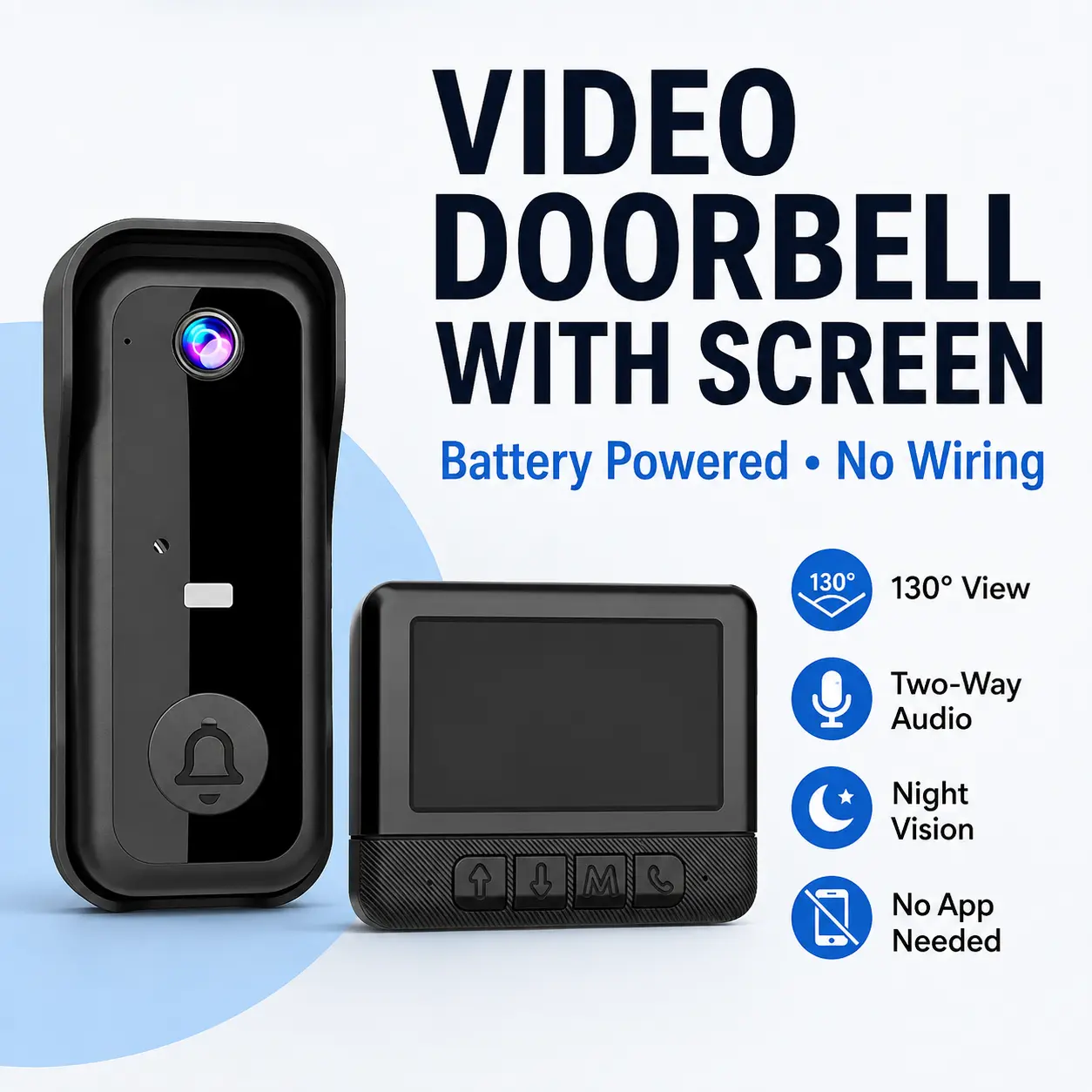 Video Doorbell Camera with Indoor Screen, No App or WiFi Needed, Night Vision, Two-Way Talk, 130 °     Wide Angle, Built-In Battery & Easy Wireless Installation
