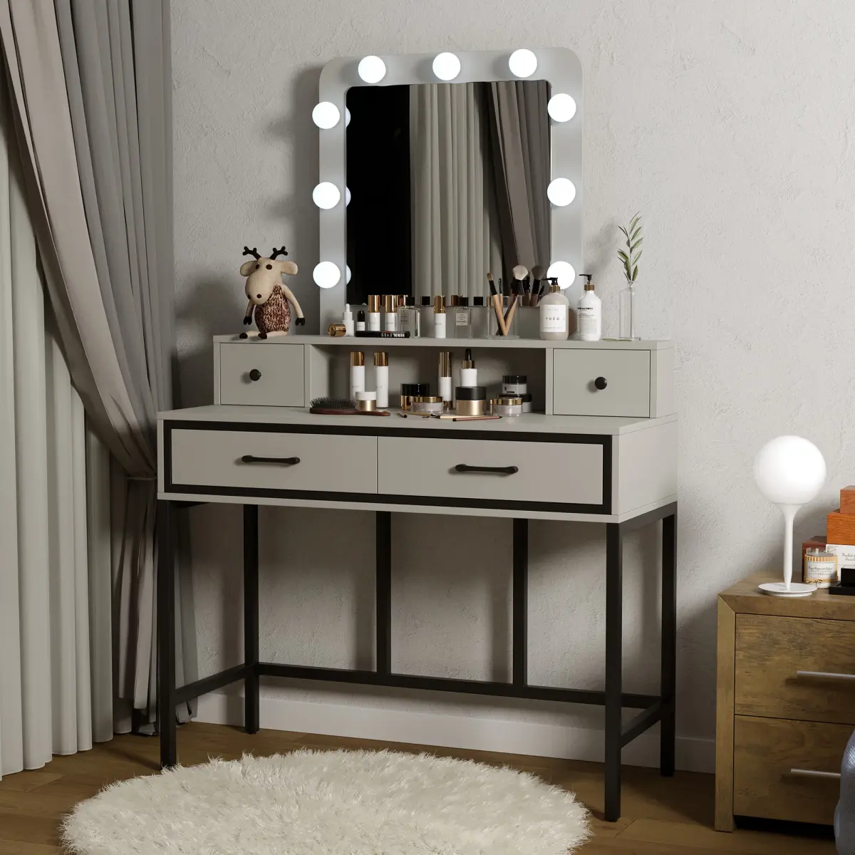 Women's Lighted Makeup Vanity Desk with 3-Color Dimmable Hollywood Mirror, 4-Drawer Brown Dressing Table, Large Indoor Furniture with On-Site White Option
