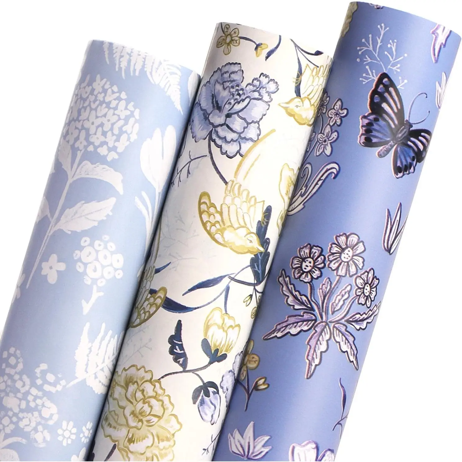 Floral Wrapping Paper Mini Roll, 3 Rolls Dusty Blue Vintage Flower Gift Wrap for Mother's Day Women Girl Friend Wedding - 17 inch x 120 inch(10feet) Per Roll