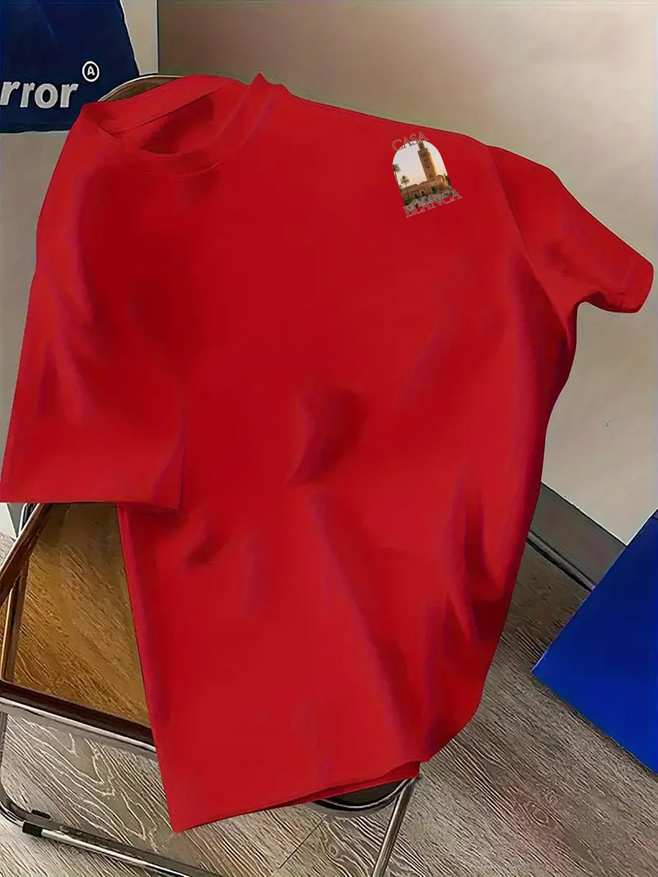 Men's Fashion Casablanca Print T-Shirt - Simple Casual Round Neck Short Sleeve Tee, Machine Washable Summer Clothing, Suitable for Summer and Year-Round Wear, Ideal for Daily Casual, Home, and Outdoor Use