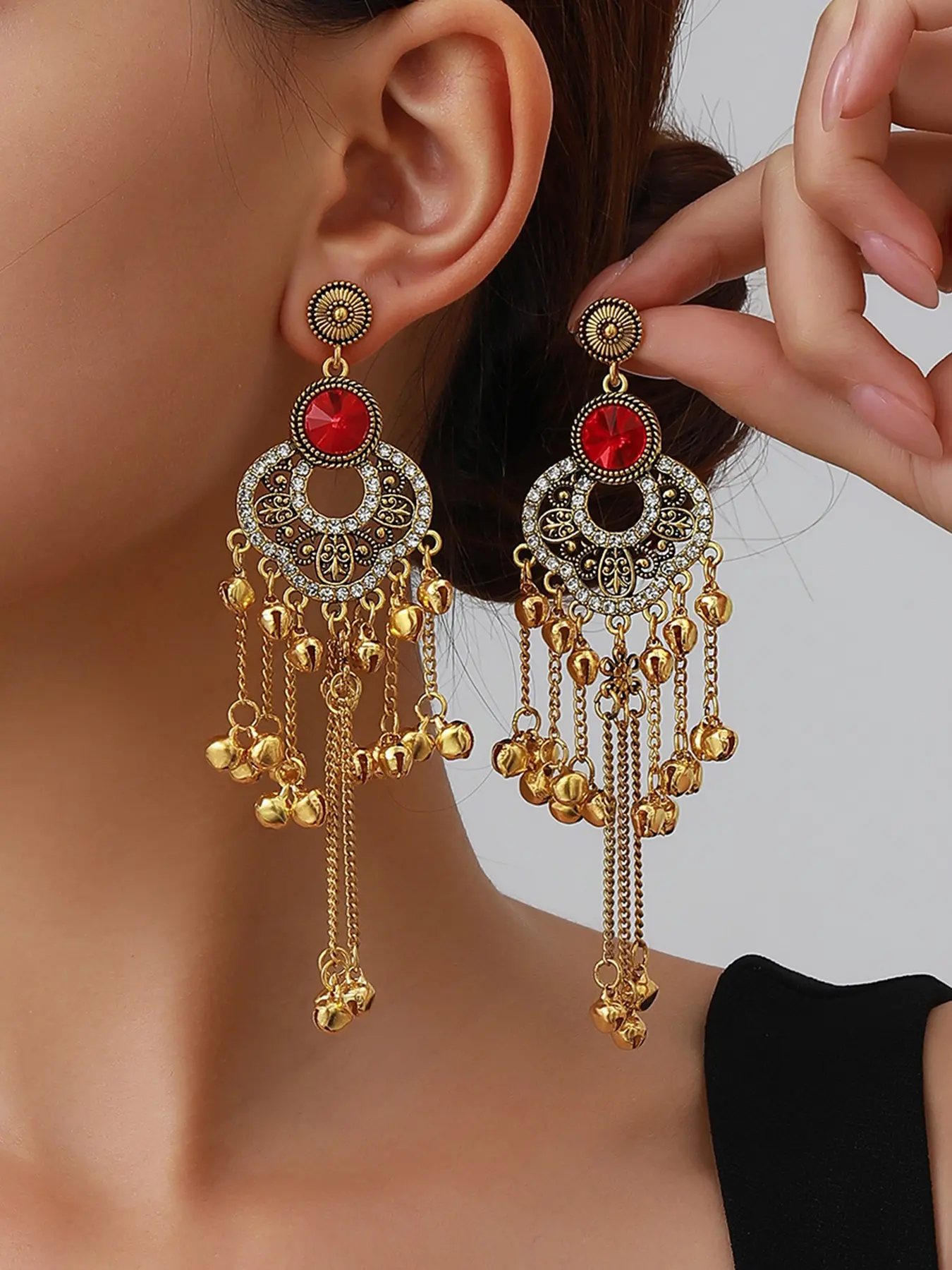 1 Pair Antique Gold Indian Long Chandelier Earrings for Women, Vintage Ruby Red Crystal Filigree Chandbali Bell Drop Dangle Earrings with Ghungroo Bead Tassel Chains, Bollywood Boho Tribal Festival Accessories