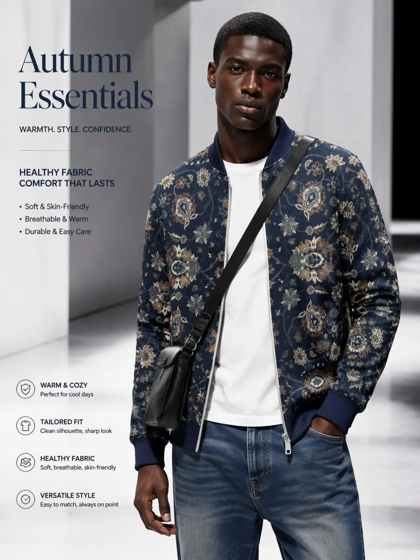 Men's Vintage Floral Jacquard Full Zip Bomber Jacket, Retro Paisley Print Baseball Collar Windproof Jacket, Navy Casual Streetwear Fall Winter Outerwear