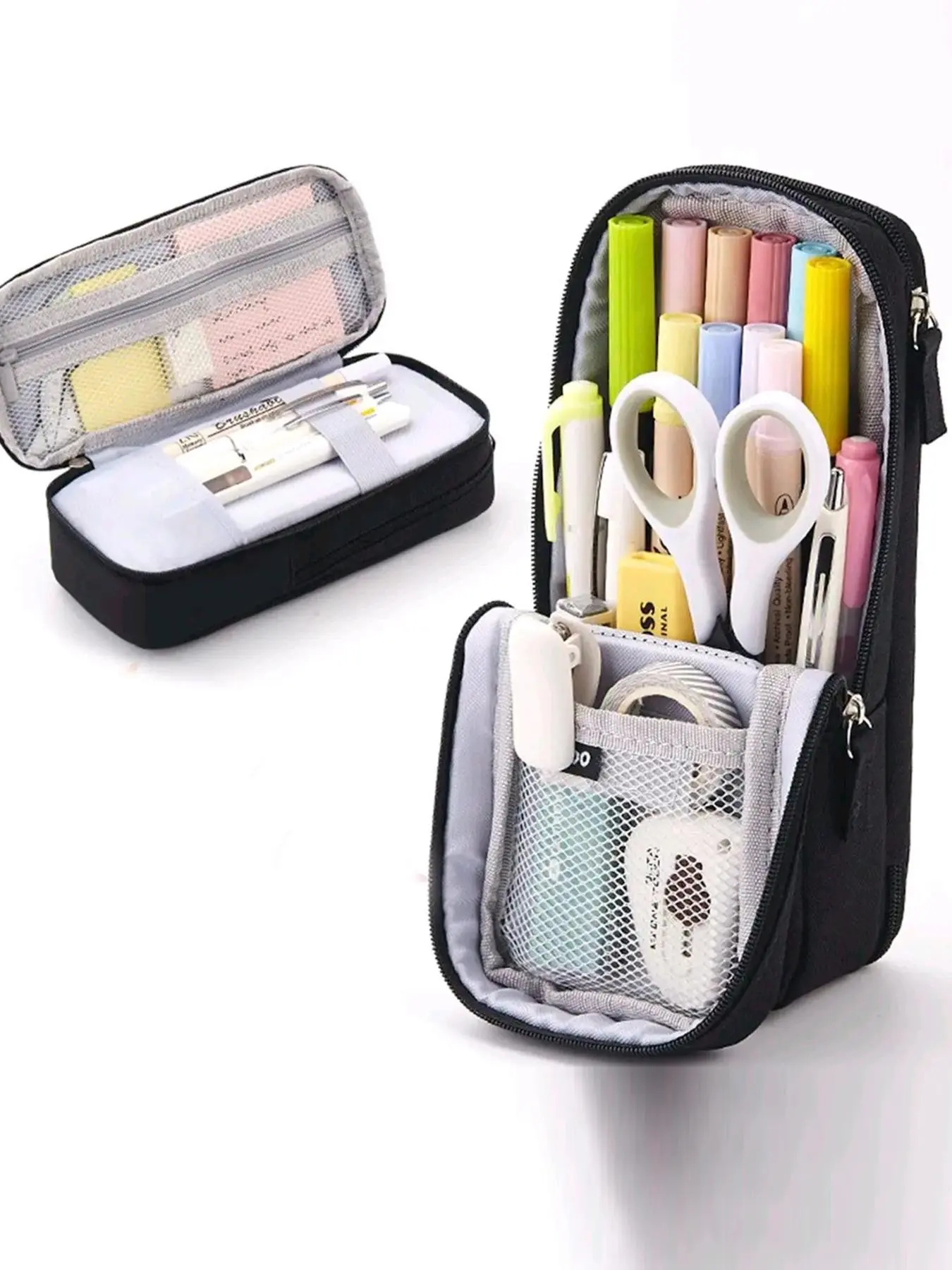 Vertical Standing Large‑Capacity Pencil Case, Multi‑Compartment Mesh Storage Fabric Stationery Pouch, Back To School Supplies, Practical Desk Organizer for College Students Autumn‑Winter Classroom & Dorm Daily Use