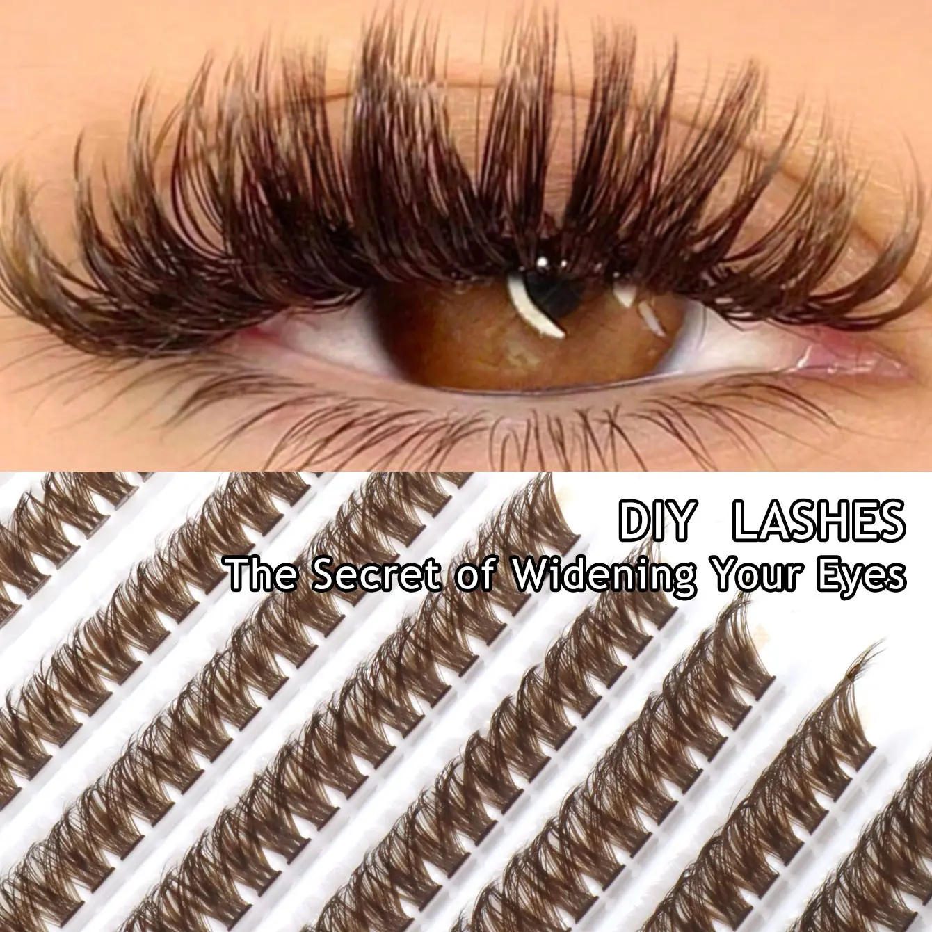 200 Pcs Fluffy False Lashes, 60D Curly Dense Coffee Cat Eye Lashes, Natural Color Brow Makeup Soft Fan Shape DIY Lash Extensions