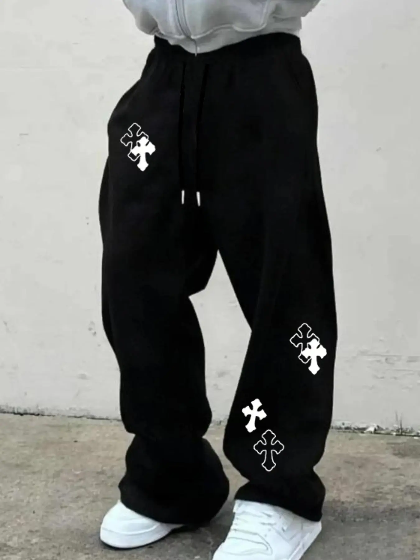 American High Street Cross Print Wide Leg Sweatpants, Block, Loose Fit, Trendy and Versatile, Casual Street Style