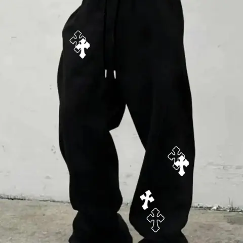 American High Street Cross Print Wide-Leg Sweatpants, Trendy Versatile Loose-Fit Pockets Pants, Casual Style