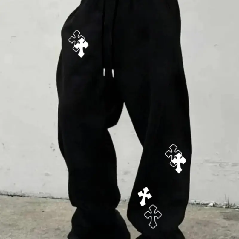 American High Street Cross Print Wide-Leg Sweatpants, Trendy Versatile Loose-Fit Pockets Pants, Casual Style