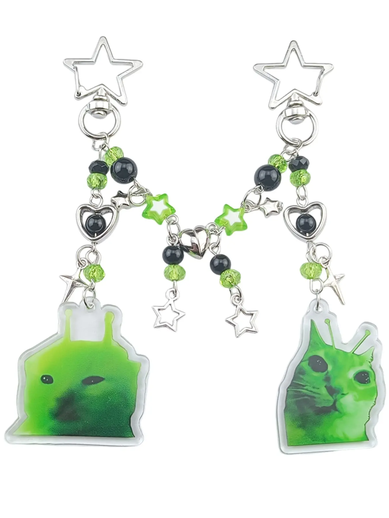 Trendy Alien Cat Dog Emoji Keychain, Stylish Keyring, Hollow Star Heart Handmade Beaded Pair Keychain, Unique Gift for Pet Lovers