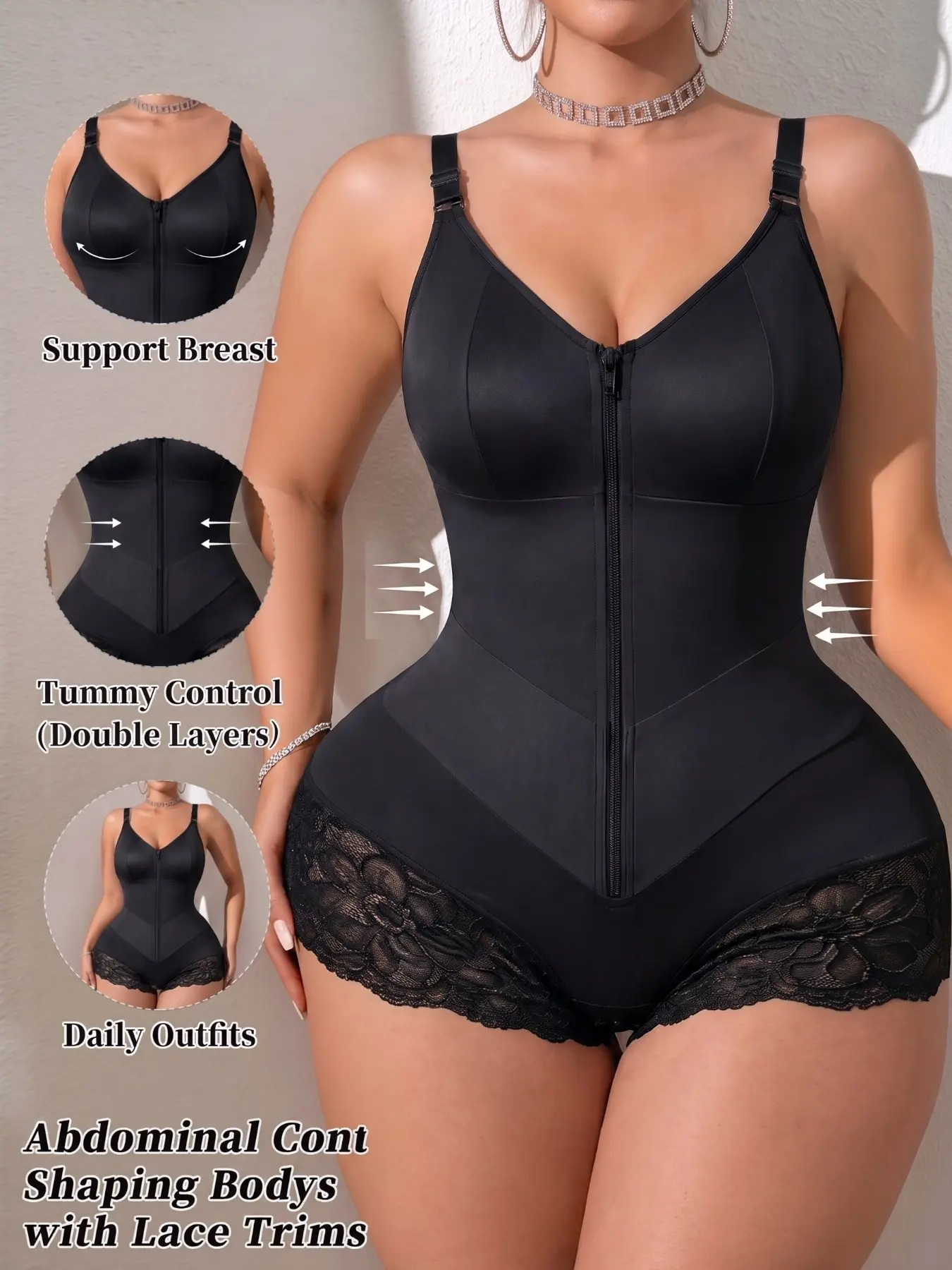 Colombian Shapewear, Fajas Women's Double Compression V-Shaper Belt Shapewear Bodysuit, Lace Trim Anti-Slip Leg Hem Jumpsuit, Adjustable Straps Front Zipper, Butt Lifting And Tummy Control Body Shaper, Waist Trainer, Suitable For Daily, Sport, Yoga