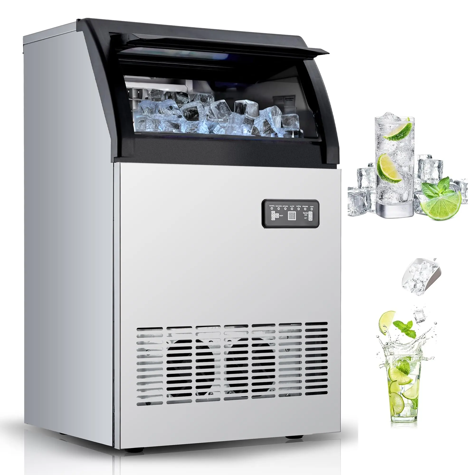 High-Efficiency Commercial Ice Maker Machine – 120 lbs/24H Production, 33 lbs Storage – Stainless Steel Undercounter – Makes 40 Ice Cubes in 12-15 Min, Freestanding, ETL Certified – Perfect for Restaurant, Bar, Café, Business
