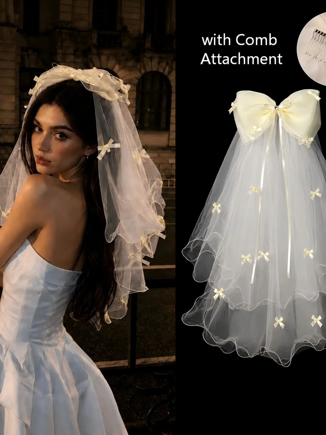 Romantic Bride Bow Veil, Wedding Veils for Brides, 80cm Layered Tulle Hair Accessory with Comb, Ivory Satin Bow, Ribbon Tails and Ruffle Trim for Wedding Dress, Bridal Party, Photo Shoot