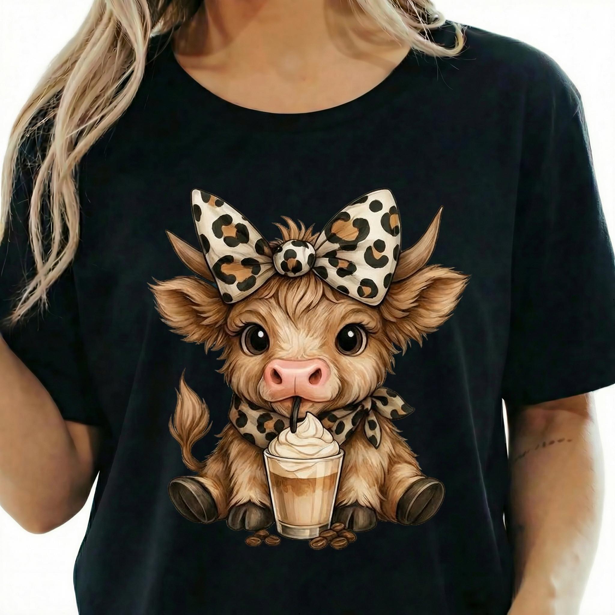 Highland Cow Shirt Cute Coquette Graphic Tee Women Heart Glasses Red Bow Lollipop Animal Lover Oversized Fit Comfy Top Sweet Gift