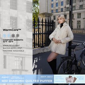 PUFFIT WarmCore Premium Mid-length Diamond Quilted Drawstring-waist PUFFER Style,Classic Diamond Pattern,Waist-cinching Lightweight Cotton Jacket,High-density Integrated Quilting Lightweight, Comfortable For Commuting, Stylish For Going Out SpringStatemen