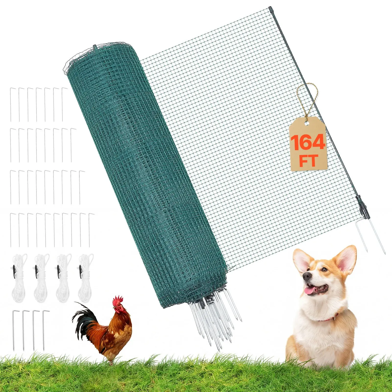 VEVOR Temporary Fence with Posts, 3 x 164 FT Plastic Mesh Fencing, Garden Safety Fences Netting with Double-Spike Stakes & Guy Ropes, Temporary Fence for Dogs, Chickens, Plants, Outdoor Yards