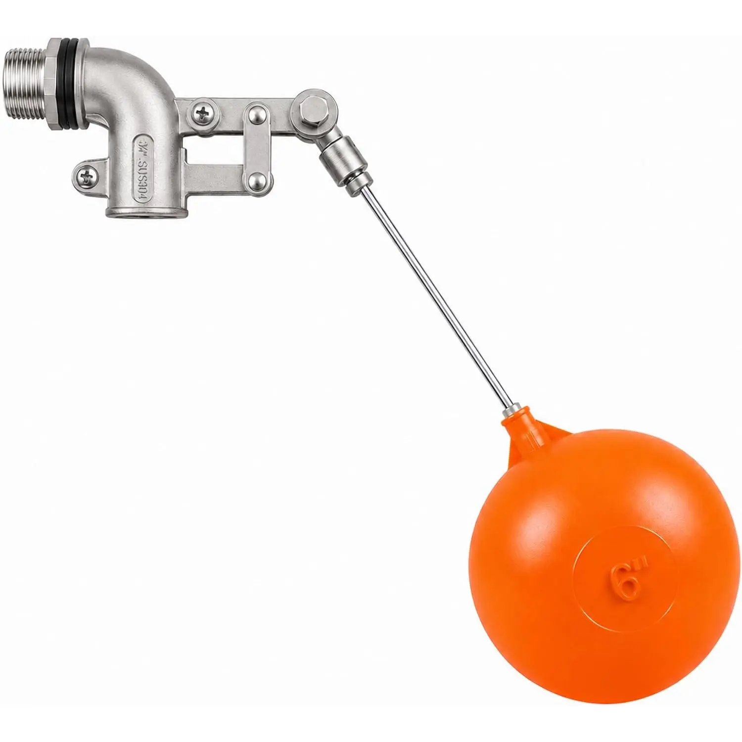 Float Valve for Water Tanks and Troughs, 3/4 Inch NPT, 304 Stainless Steel | 6 Inch Float Ball and Adjustable Rod for Automatic Water Level Control in Stock Tanks, Livestock Troughs and Swamp Coolers
