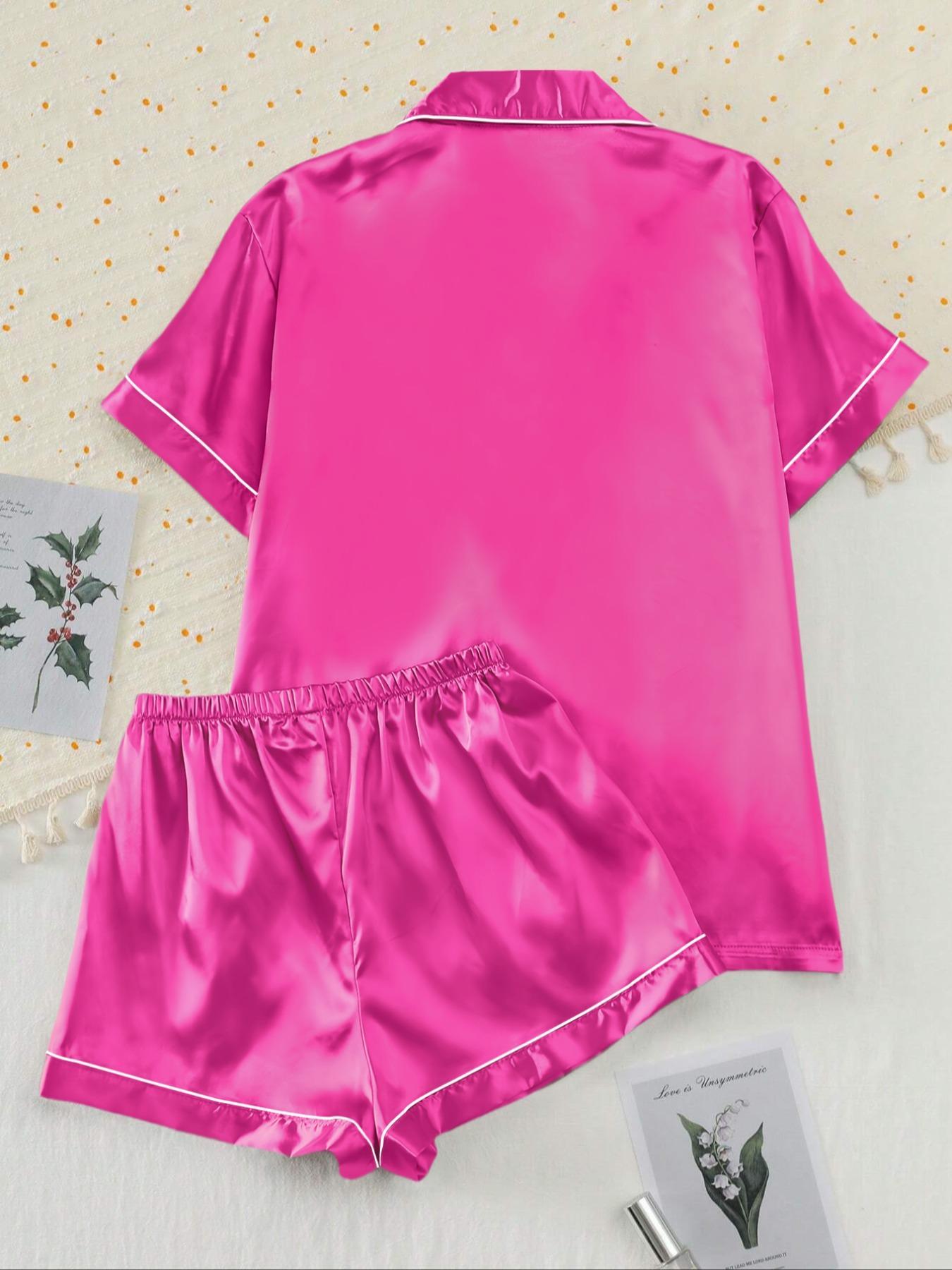 【Valentine's Day】Two-piece Set Women's Shirt & Shorts Satin Pajama, Ladies Summer Sleepwear