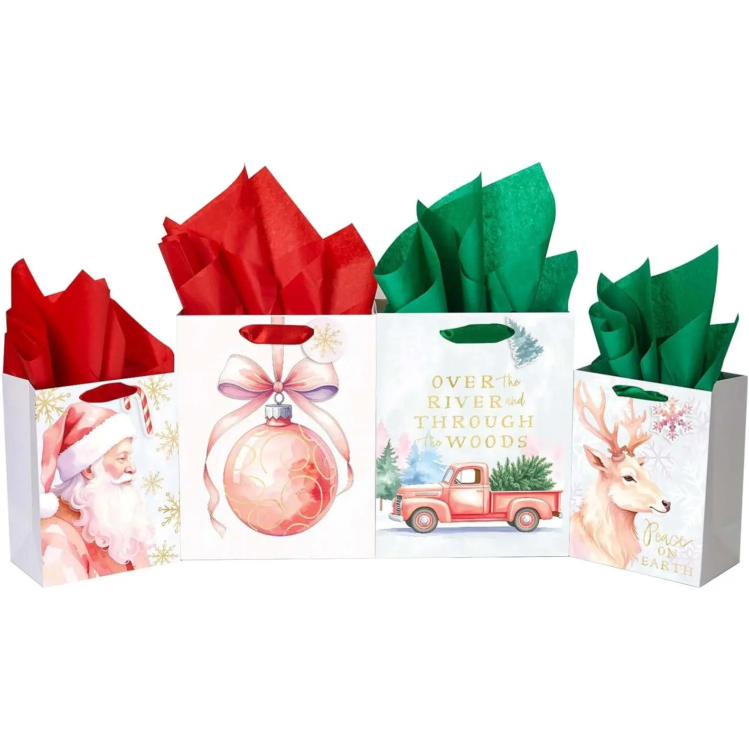4 Christmas Medium  Bags with Tissue & Foil,  Festival | 7x4x9"& 10x5x13" Medium Size Heavy Duty Xmas Holiday  Wrapping Bags for Presents, 4  Transitional Designs