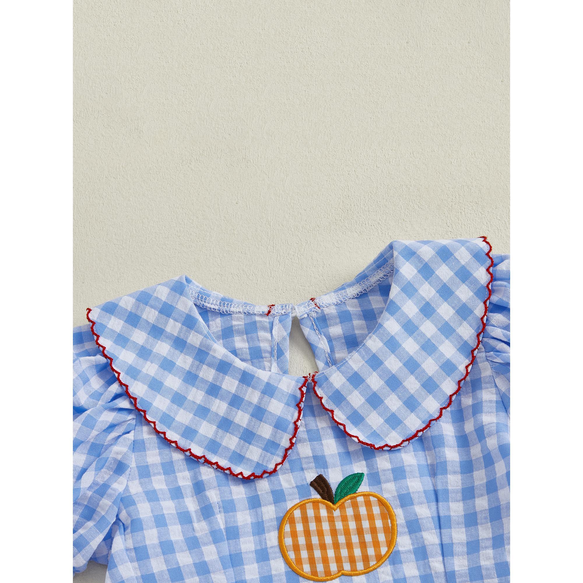 Toddler Baby Little Girl Halloween Plaid Dress Puff Short Sleeve Pumpkin Embroidery Dresses Fall Outfit 2-6 Years