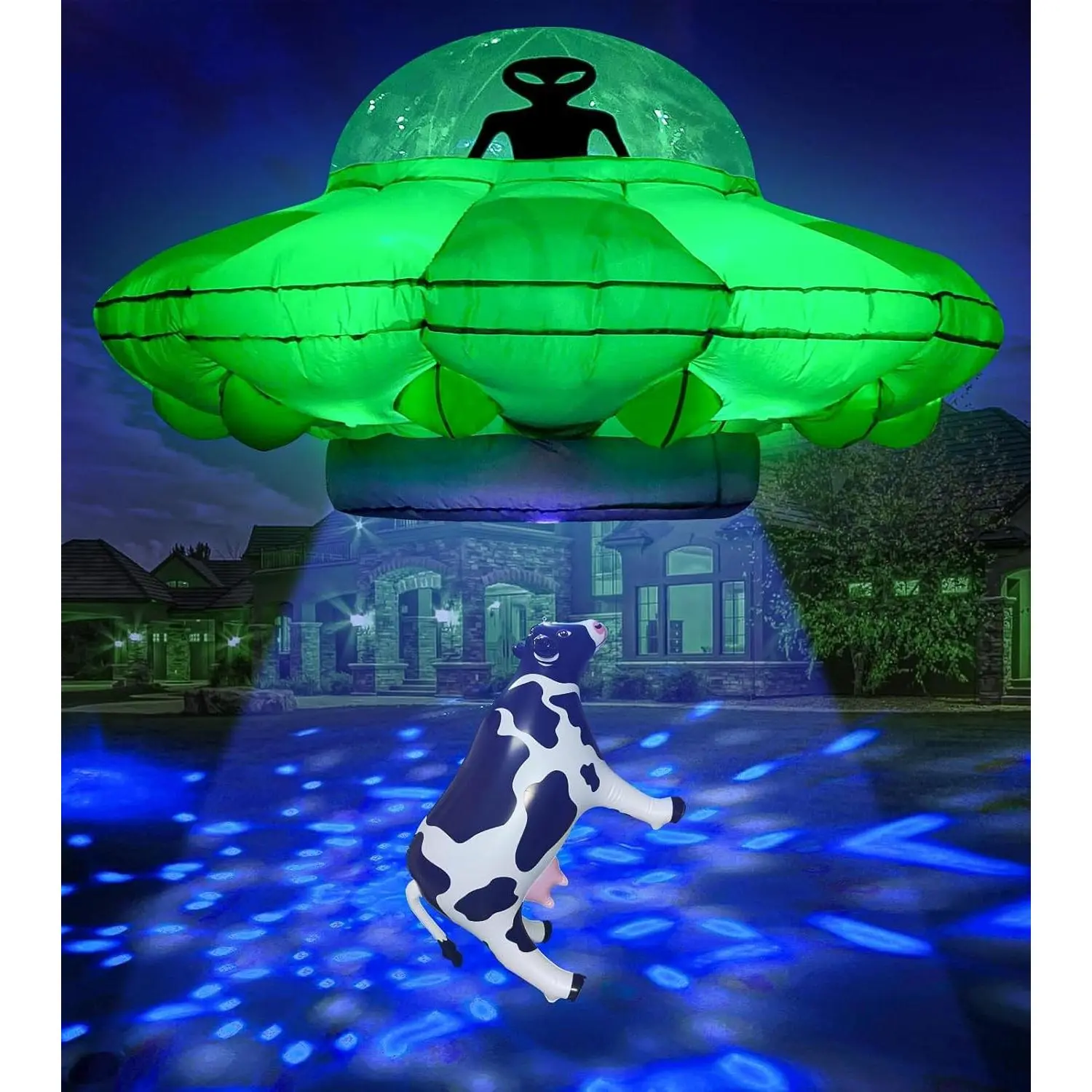 Alien Party Decorations 4.2FT Hanging UFO Cow Abduction Inflatable Alien Inflatable UFO Halloween Blow Up Built-in Green LED Blue&White Flashing Light with Cow Outdoor Indoor Home Garden Lawn Decor