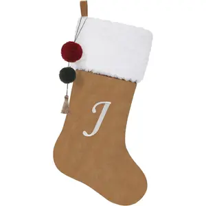 19.5 inches Personalized Embroidered Initial Velvet Christmas Stocking with Pom Poms for Fireplace Hanging Decor and Xmas Gift(Gold J)