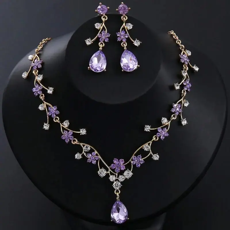 Elegant Vintage Accessory Set, 3-Piece Plum Purple Rhinestone Pendant Necklace and Earrings for Women, Weddings & Parties