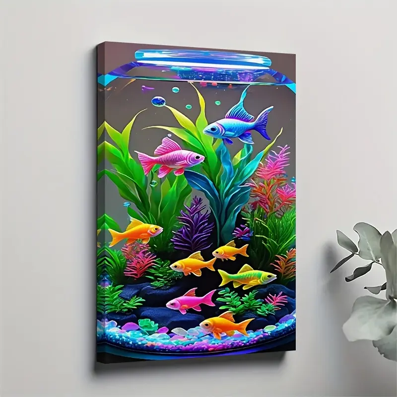 1-Piece Artistic Aquarium-Themed 2D Canvas Painting Print - Lighted Colorful Fish Design, Sturdy Framed Home Decor, Ideal for Living Room, Office, Great Gift Option, Decoration