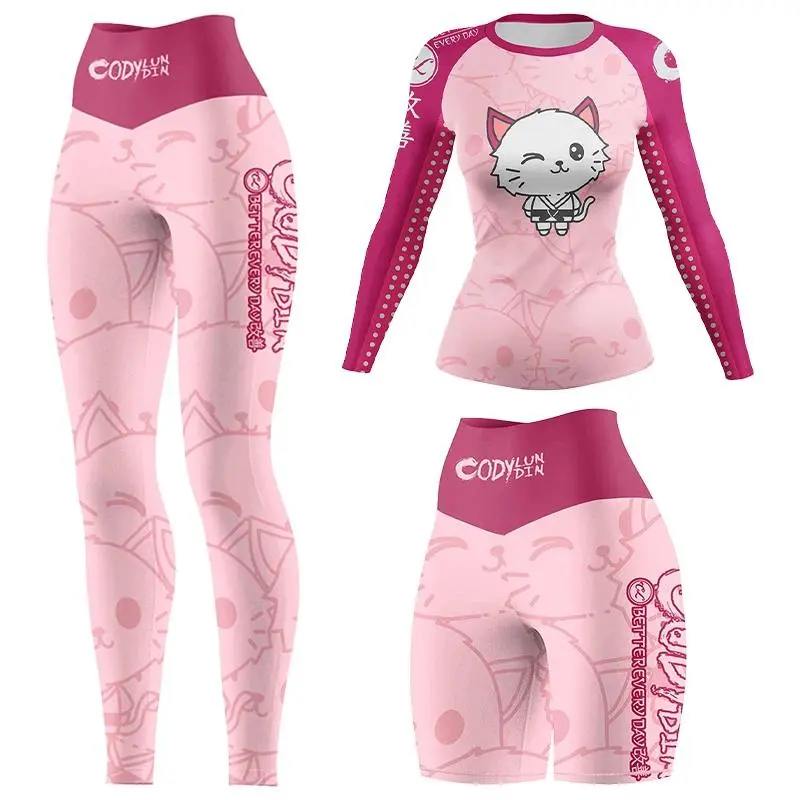 Women's Fitted 2-Piece Long Sleeve T-Shirt & Pant Set - Lightweight, Breathable Polyester-Spandex Compression Gear with Beast Print, UPF 50+ for Boxing, Martial Arts Combat Sports Apparel