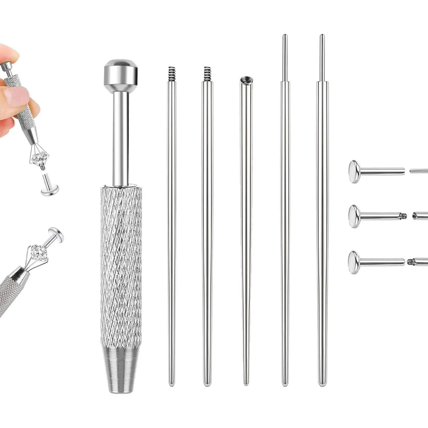 Piercing Taper Ball Grabber Tool Stainless Steel Nose Ear Piercing Kits | Nose Septum Eyebow Helix Conch Tragus Daith Piercing Jewelry Changing Tool,14G 16G 18G 20G Flat Back Earrings Applicator Tool