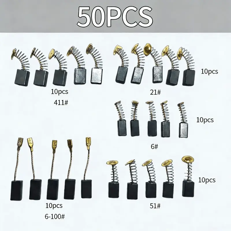 50-Piece Heavy Carbon Brush Replacement Kit, Metal Base, Compatible with Electric Drills, Sanders, Angle Grinders, Durable Motor Maintenance Accessories