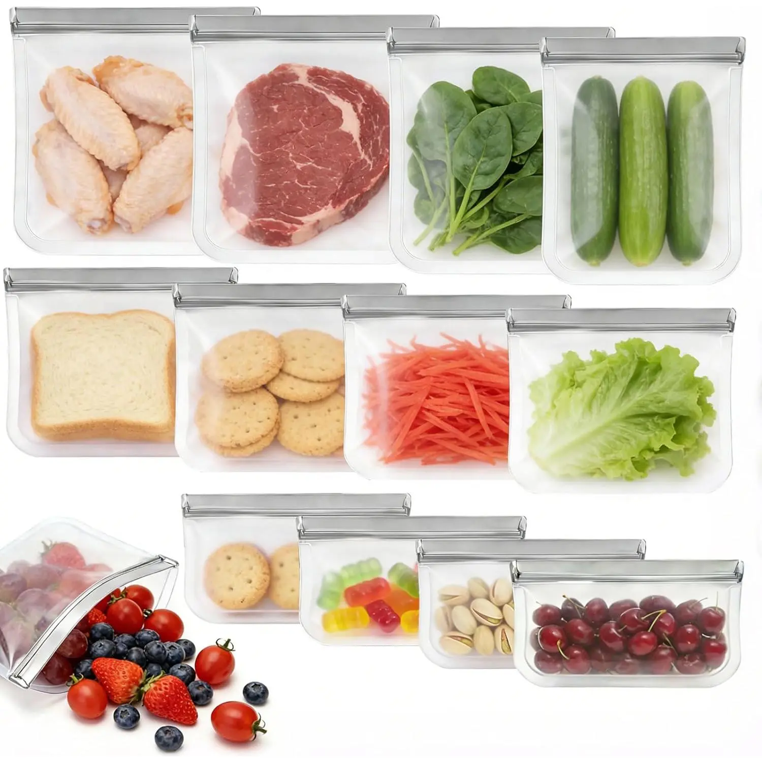Pack Silicone Bags for Food Silicone Food Storage Microwave & Dishwasher Freezer Food Bags, Leakproof-4 Gallon 4 Snack 4 Sandwich