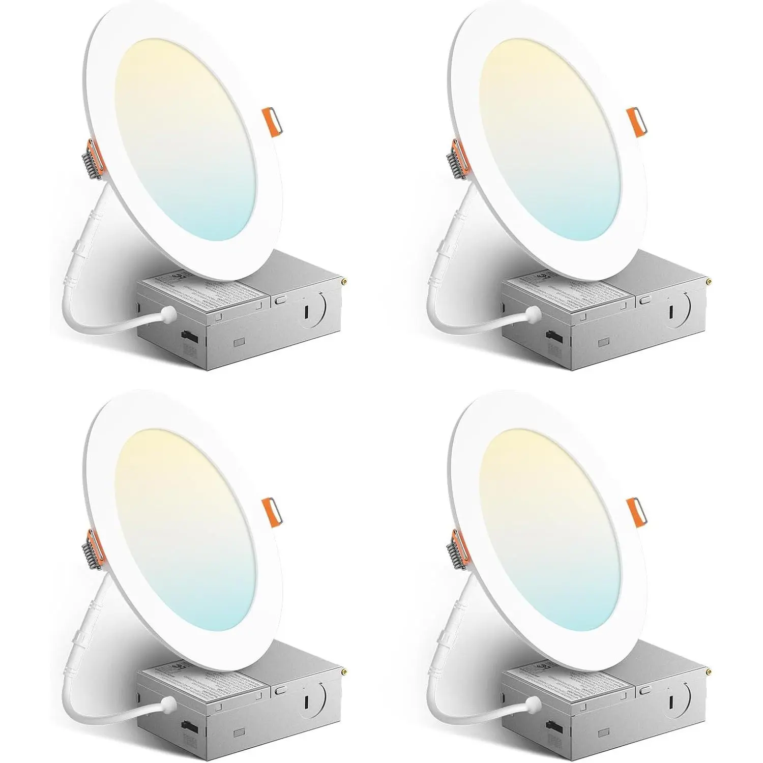 4 Pack 6 Inch 5CCT Ultra-Thin LED Recessed Ceiling Light with Junction Box, 2700K/3000K/3500K/4000K/5000K Selectable, 1050 Lumens, Dimmable Canless Wafer Downlight, 12W Eqv 110W-ETL&FCC