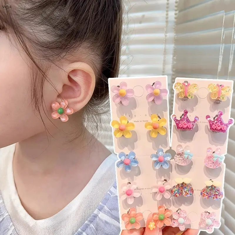 Kawaii Clip On Earrings for Girls, 5 Pairs Set of Matte Resin Dangle Clips with Pastel Cartoon Motifs, Non-Pierced Girls' Jewelry for Casual Wear, Resin Plastic