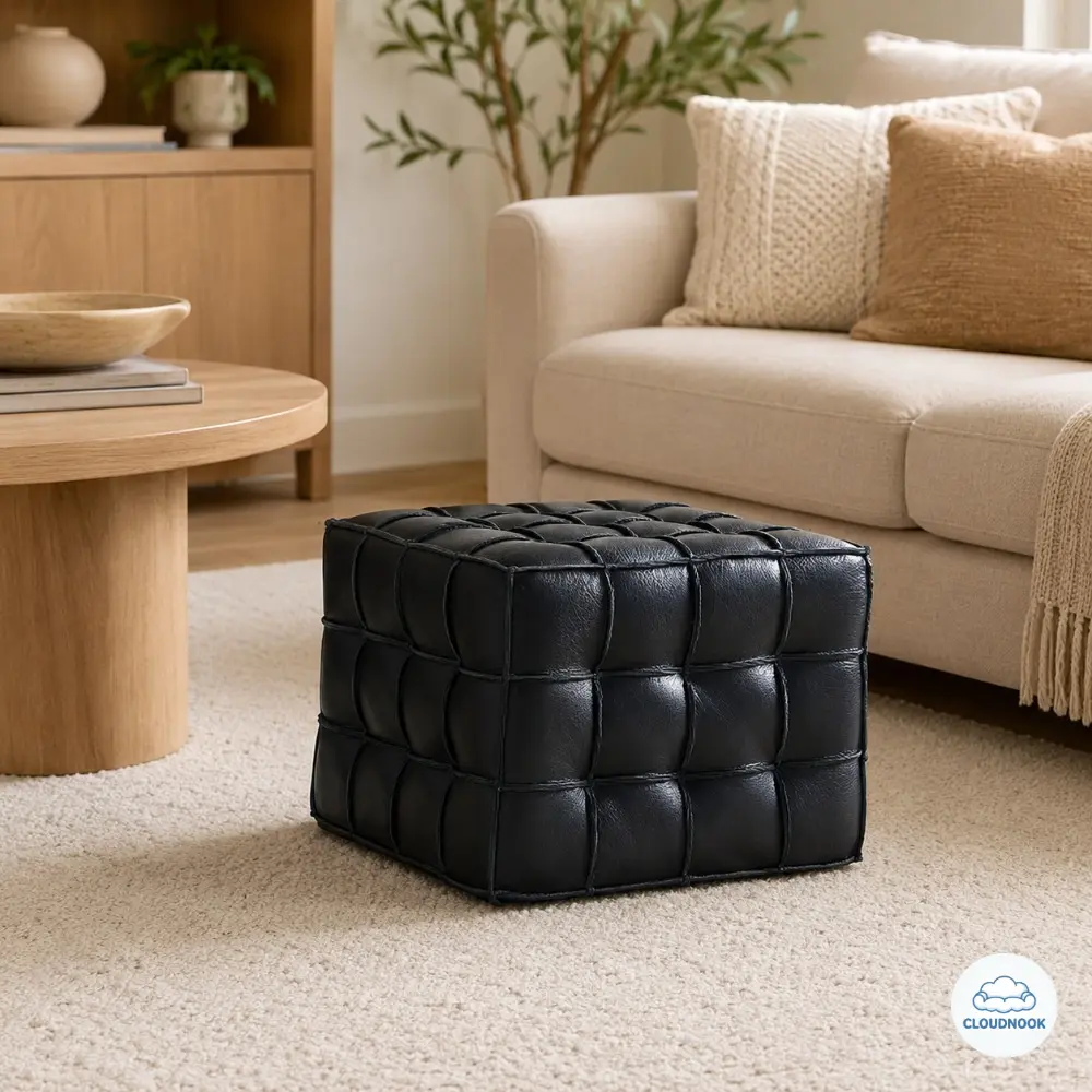 Black Genuine Leather Classic Backless Tufted Ottoman Footstool with Foam Tufted Cushion, 17.32" Square Form Upholstered Cube Pouf for Living Room, Bedroom Compact Accent Furniture, Biscuit Tufting