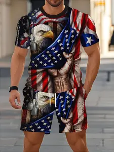 Men's Vintage Bald Eagle Military Patch Usa Flag Print Two-Piece Set, Short Sleeve T-Shirt and Drawstring Shorts, Patriotic