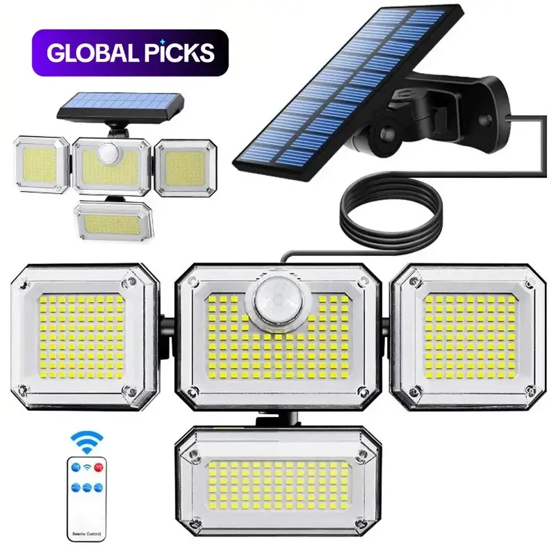 Commercial 4-Head Solar Outdoor Flood Light, 333 LED Solar Leds Security Lamp with Motion Sensor and Remote Control, Solar Motion Lighting, Solar Lights Outdoor, Ideal for Yards, Garages, Porches, Courtyards#GLOBAL PICKS