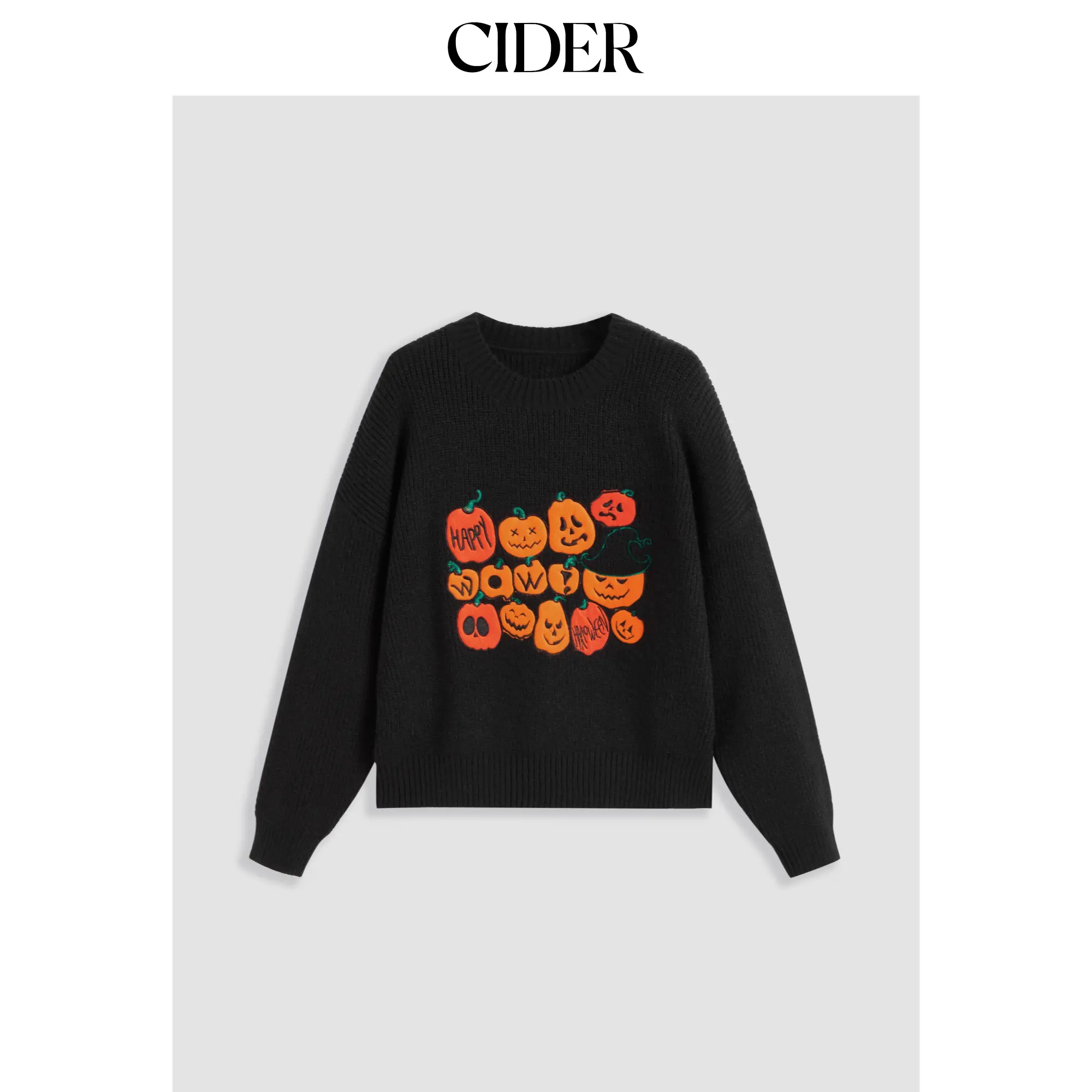 Cider [size 2-26] Knit Round Neckline Pumpkin Graphic Oversized Long Sleeve Top