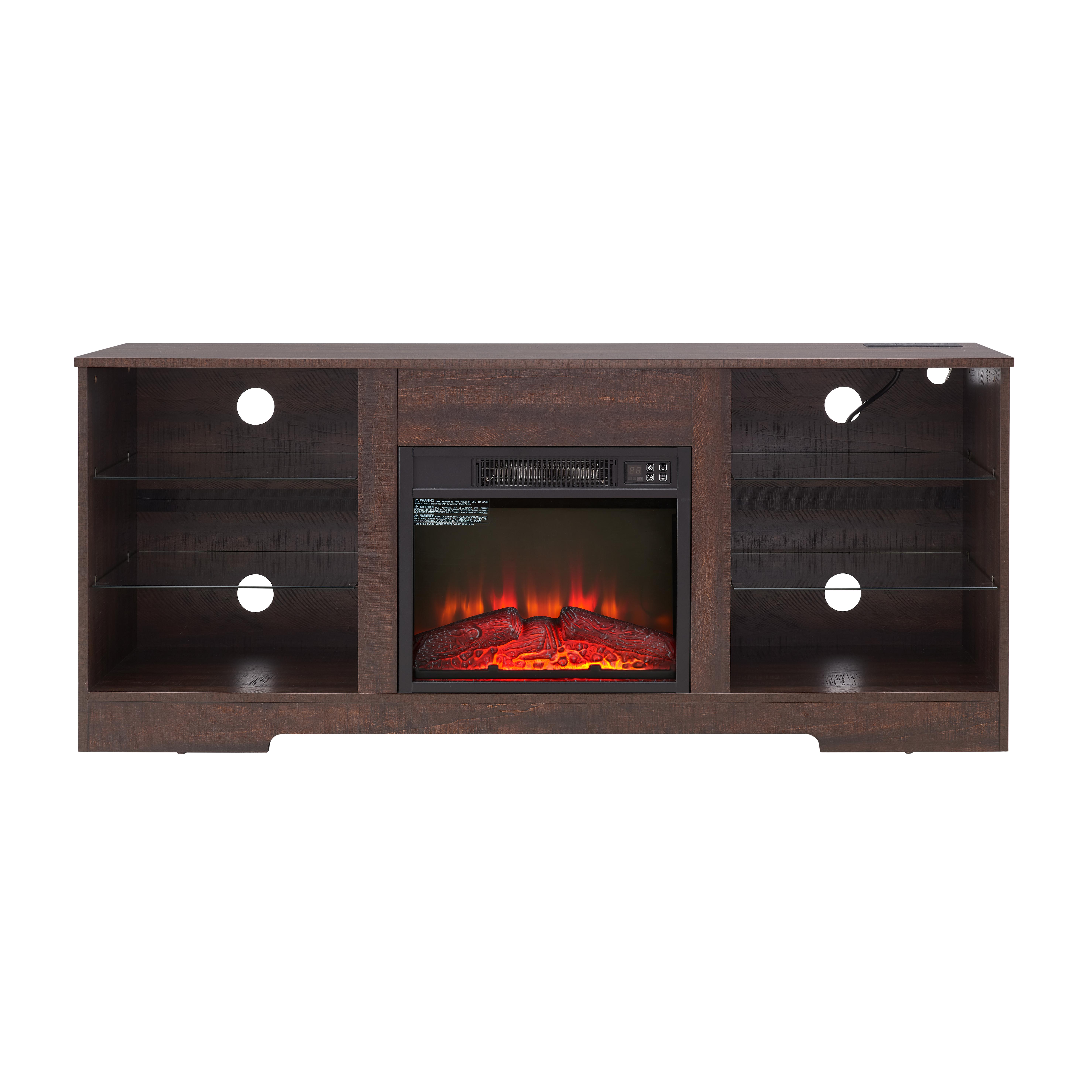 [Bellemave]TV Stand Electric Fireplace TV Stand with Glass Shelves, 3D Fireplace TV Stand with LED Lights Wood with USB Charging Outlet Modern Television Table Center for TV up to 32-62" ESP 58''W*15.5''D*24.4