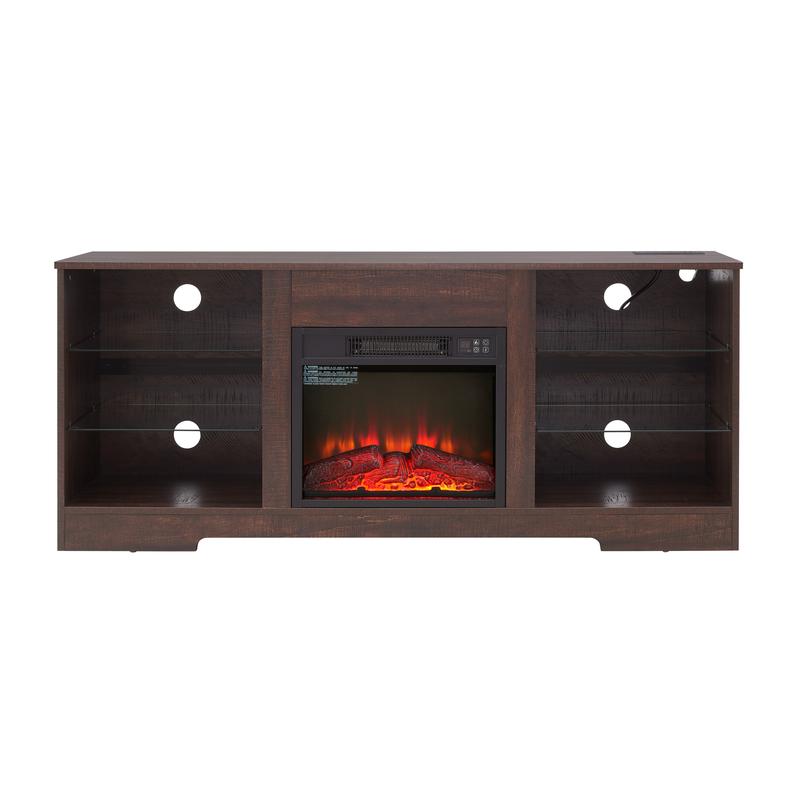 [Bellemave]TV Stand Electric Fireplace TV Stand with Glass Shelves, 3D Fireplace TV Stand with LED Lights Wood with USB Charging Outlet Modern Television Table Center for TV up to 32-62" ESP 58''W*15.5''D*24.4
