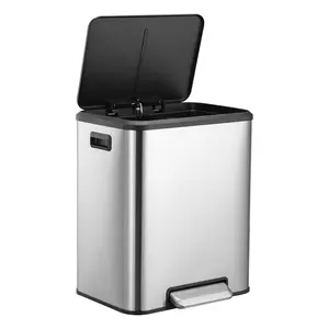 [fathers day gift]Dual Compartment Kitchen Trash Can 30L/8 Gal – Stainless Steel – 2 Removable Buckets – Soft-Close Lid – Smudge Resistant, Hands-Free Pedal – Ideal for Home & Office Recycling and Waste