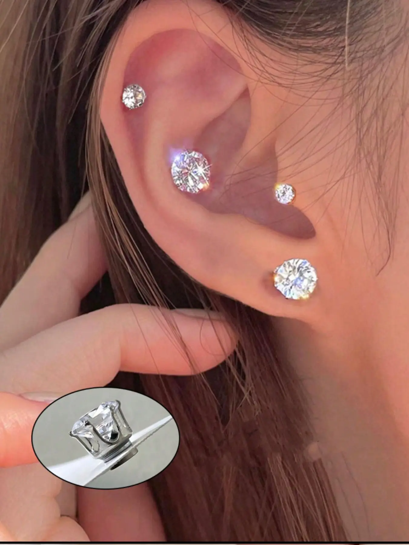 woman's for earings Silver Color 4 Prong Round Cz Magnetic Stud Earrings, No Piercing, Pain-Free, Hypoallergenic, Earrings for Sensitive Ears, Waterproof, Minimalist Jewelry for Women Teens Fashion Jewelry
