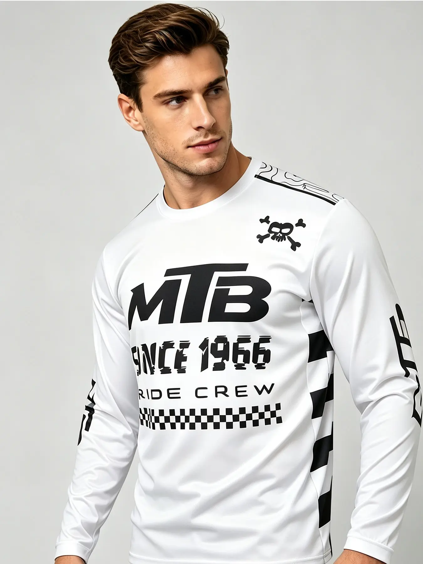 Mens Multi Scenario Off Road Long Sleeve Cyclist Jersey White Base Black Skull MTB Racing Flag Print Sweat Wicking Quick Dry Stretch Lightweight Suitable For Motocross Dirt Biking Hiking Camping Fishing Workout Casual Daily Outdoor Sports Riding Shirt