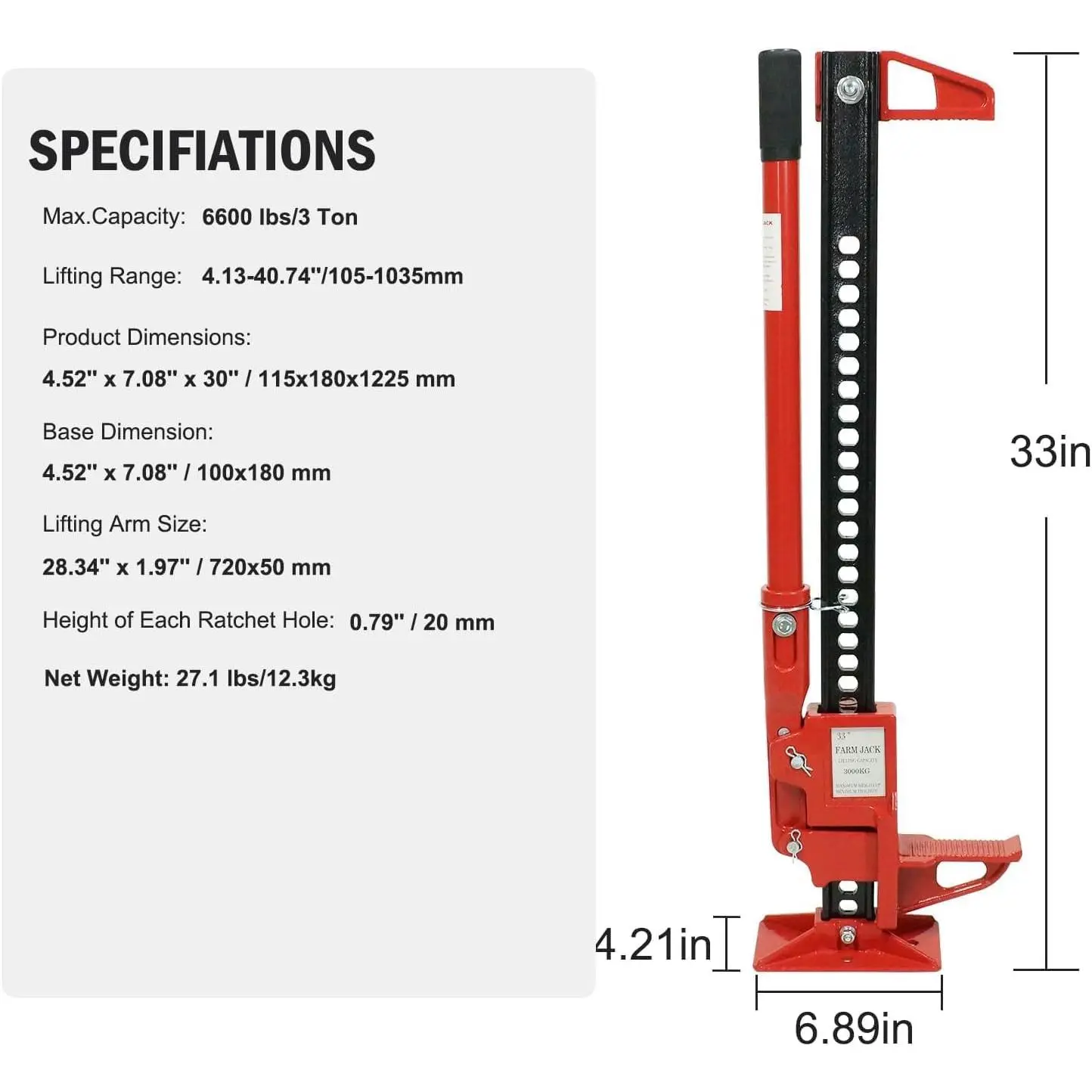 Floor Jacks，High Lift Jack, 33" Heavy-Duty 6000 Lbs Capacity Ratcheting Off-Road Jack for Tractor, Truck, SUV, ATV, Bumper Lift， Red