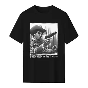 Chalino Sanchez Desde Plebe en las Tranzas Black White Portrait Photo Graphic T-Shirt, Crew Neck Short Sleeve Mexican Corrido Music Fan Casual Tee Top