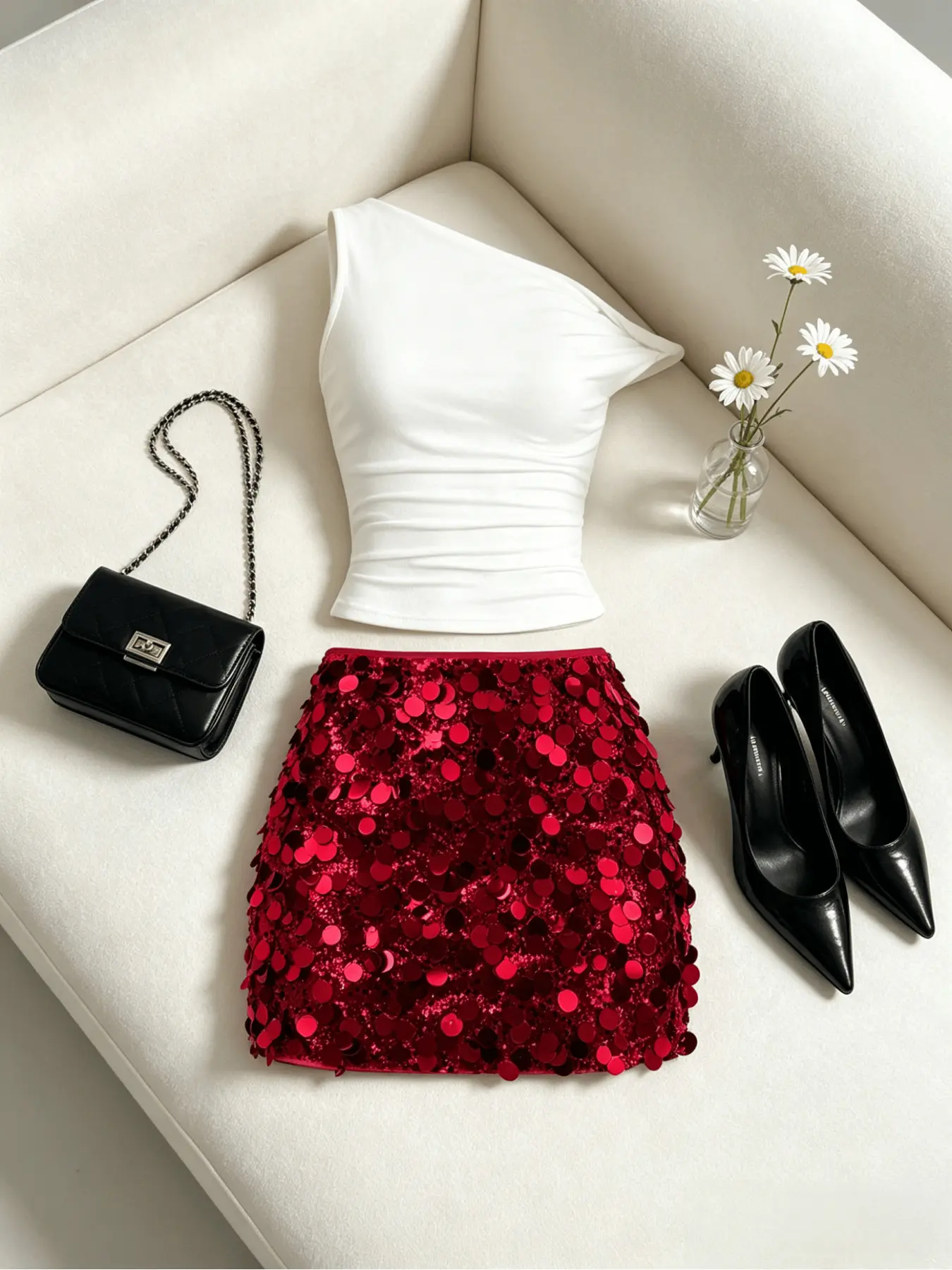 Summer New Arrival Y2K Spice Girl Ruched, Asymmetrical Two-Piece Women Outfit, One-Shoulder Cami Tank Top + Sequin Bodycon Mini Skirt, Slim Fit & Figure-Hugging Design, Perfect for Party, Club Gathering, Date & Outdoor Trip, European American Style