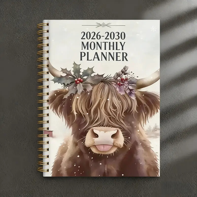 2026-2030 Monthly Planner (January 2026 to December 2030), 5-Year Schedule Book with Monthly Tabs, Floral Highland Cow Cover, 5.5 x 8.3 Inches, Thick Flexible Paper