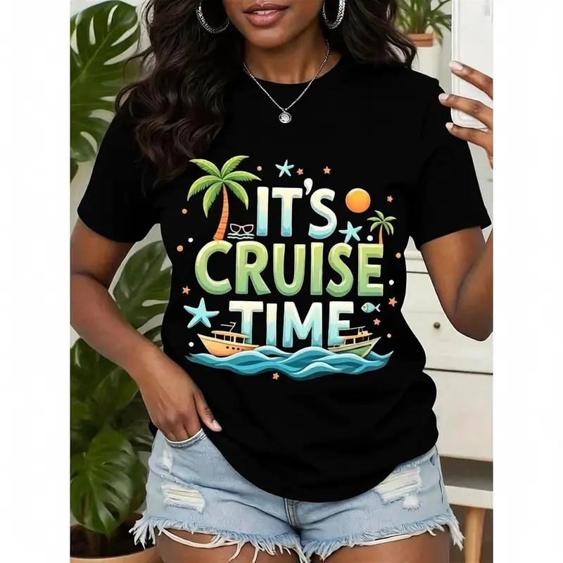 Men's Casual Cotton Tee - Short-Sleeve Chic All-Seasons Comfy Top with "It's Cruise Time" Tropical Palm Tree & Boat Print, Ideal for Vacation, Beach Wear