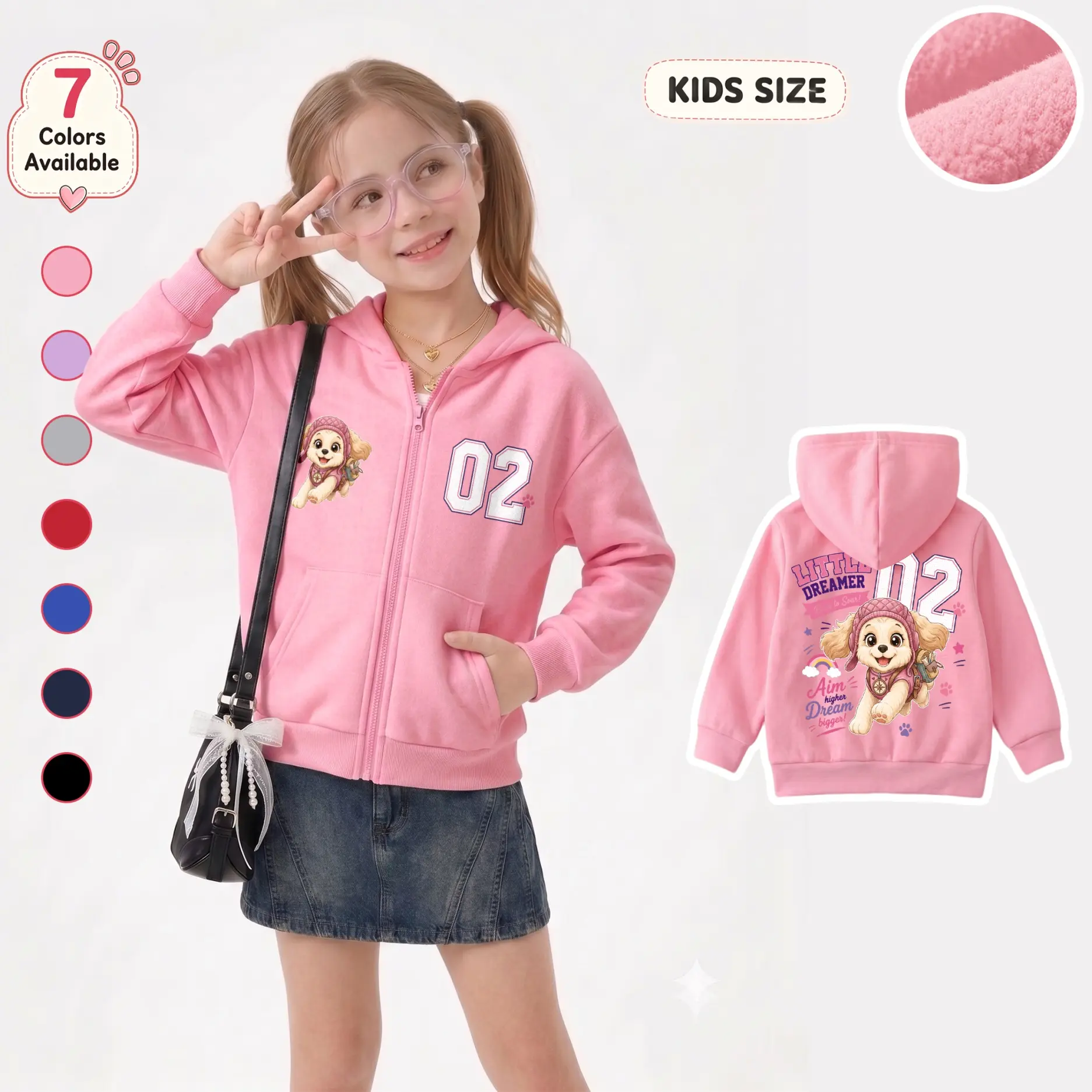Girls’ Regular Fit Casual Sporty Puppy Graphic Zip-Up Hoodie - 02 Front Print, Large Back Design, Long Sleeve Hooded Jacket with Front Pockets for School/Travel, Long Sleeve Shirt
