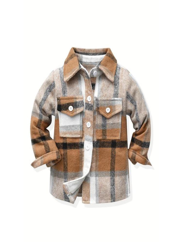 Kids' Preppy Plaid Long Sleeve Shirt, Cotton Blend,-Stretch Woven Fabric, Loose Fit with Lapel Collar, Button Placket, Regular Sleeve, Fall/Winter Warm for Boys Girls