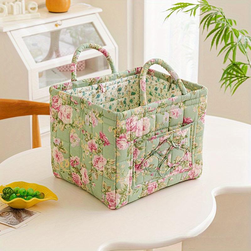Charming Floral Fabric Storage Bins with Handles- Desktop Storage Basket, Travel Folding Organizer, Portable, Multi-Compartment Organizer for Clothes, Underwear& Accessories- Ideal for Bedroom or Bathroom Decor, Laundry Baskets