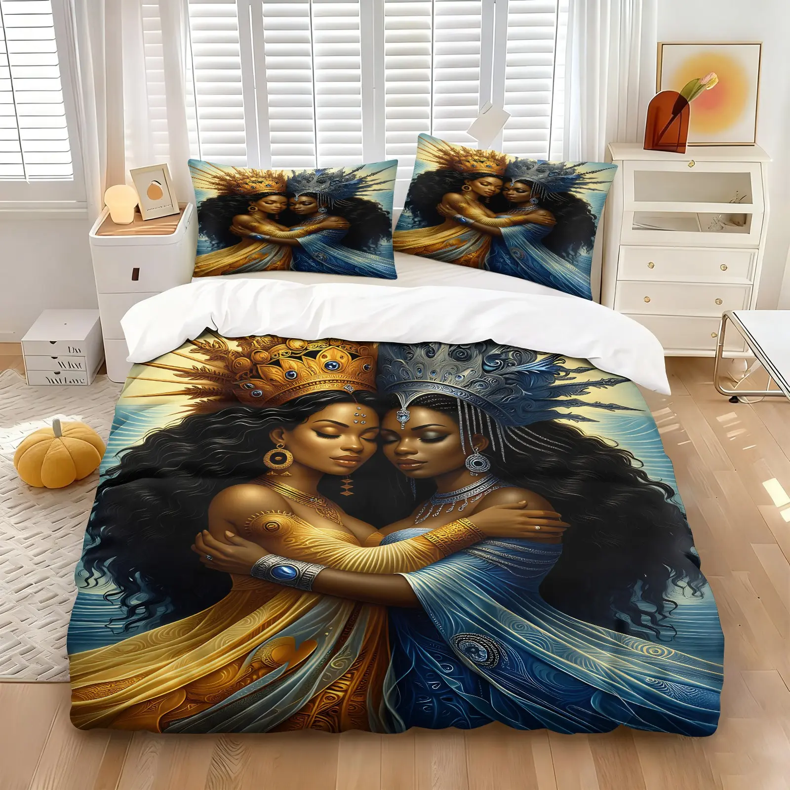 3PCS Gold Blue Black Goddess Hug Duvet Cover Set (1 Duvet Cover + 1-2 Coreless Pillowcases), African Queen Crown Art Print, Skin-Friendly Soft Comfy All Seasons Summer Vibes Artistic Print Bedding Set, Ideal for Afro Bohemian Art Bedroom Dorm Decor